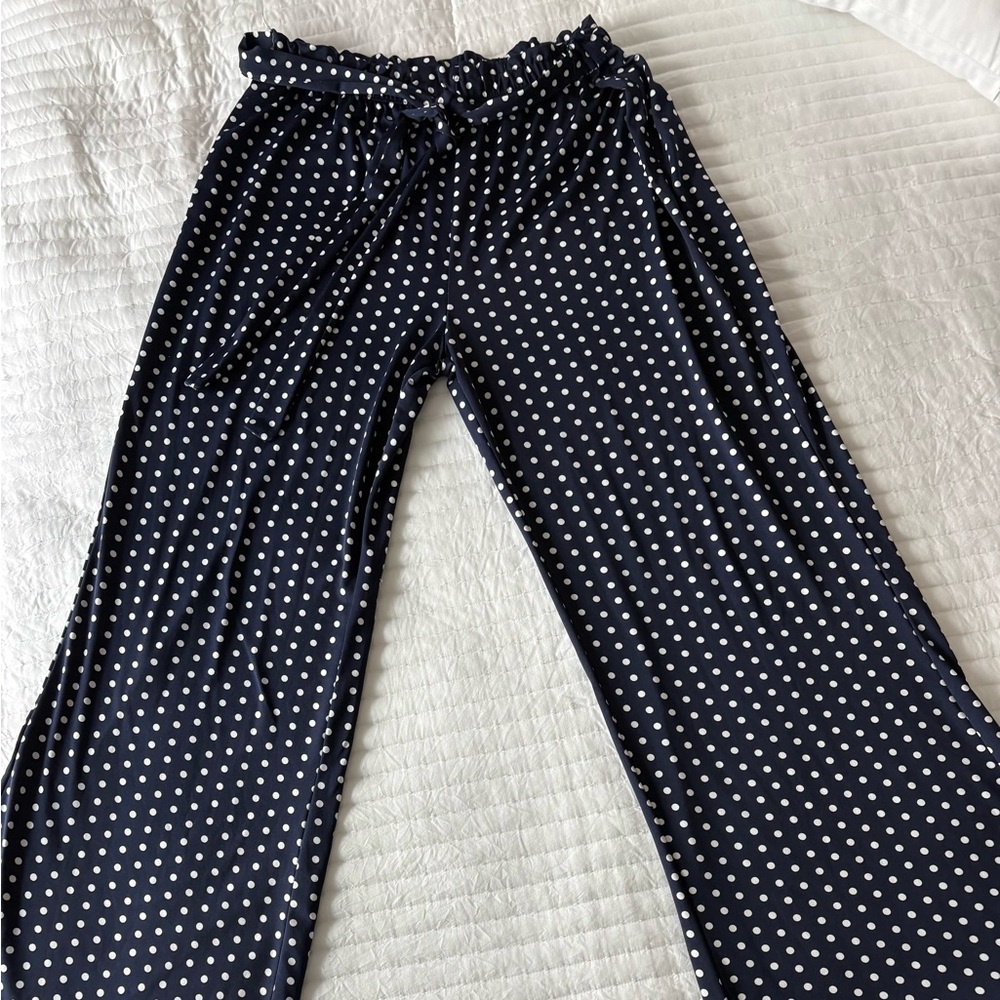 Wilde Polka Dot Wide Leg Pants with Tie Front Elastic Waist Size 2X